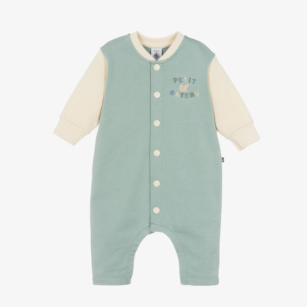 Petit Bateau - Boys Green Organic Cotton Varsity Babygrow | Childrensalon