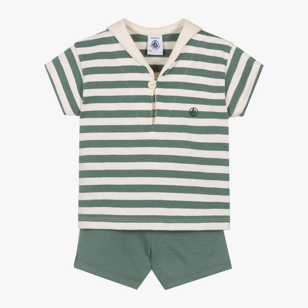 Petit Bateau - Boys Green Stripe Sailor Shorts Set | Childrensalon