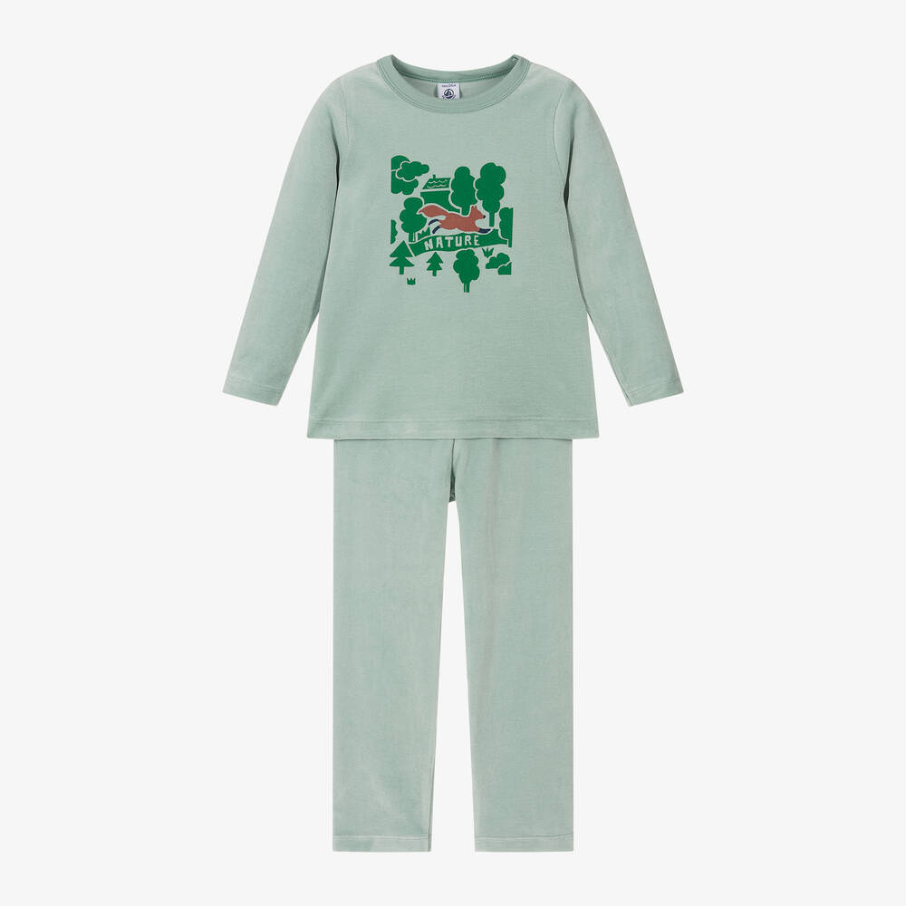 Petit Bateau - Boys Green Velour Fox Pyjamas | Childrensalon