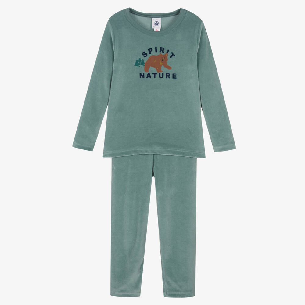 Petit Bateau - Boys Green Velour Pyjamas | Childrensalon