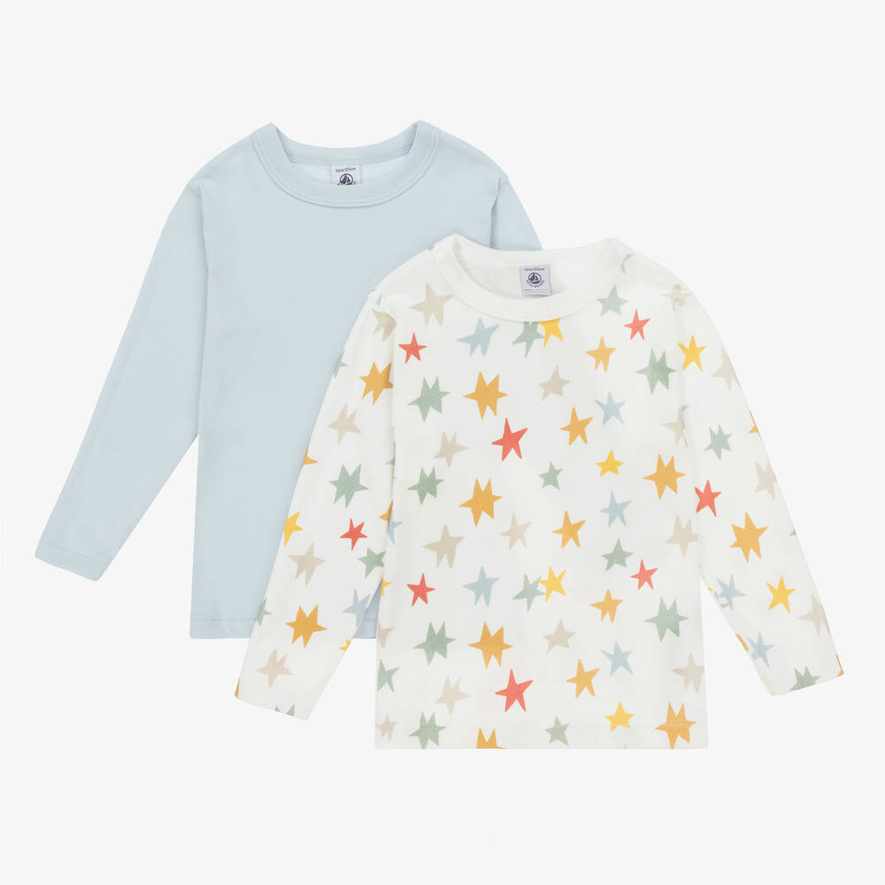 Petit Bateau - Boys Ivory & Blue Cotton Tops (2 Pack) | Childrensalon