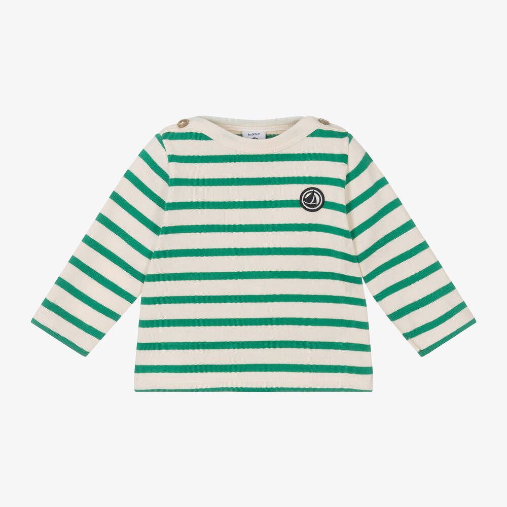 Petit Bateau - Boys Ivory & Green Stripe Cotton Top | Childrensalon