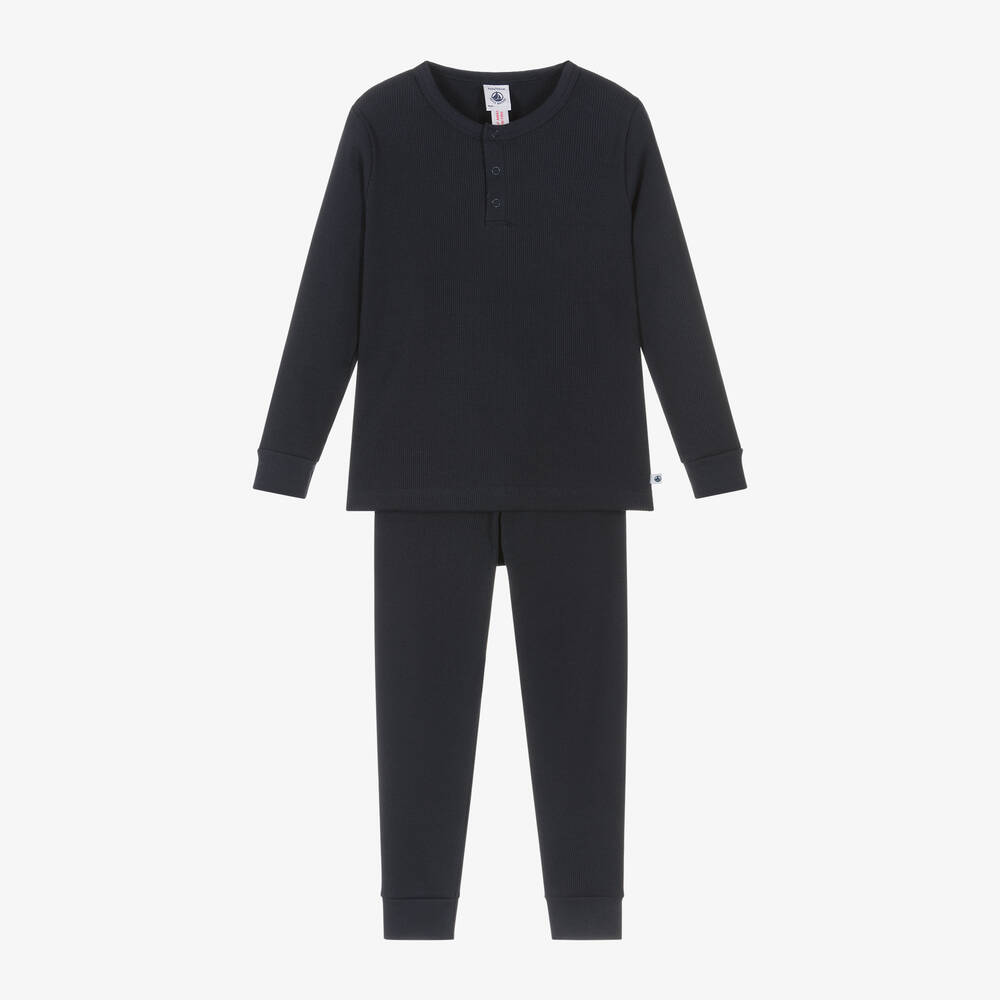 Petit Bateau - Boys Navy Blue Ribbed Cotton Pyjamas | Childrensalon