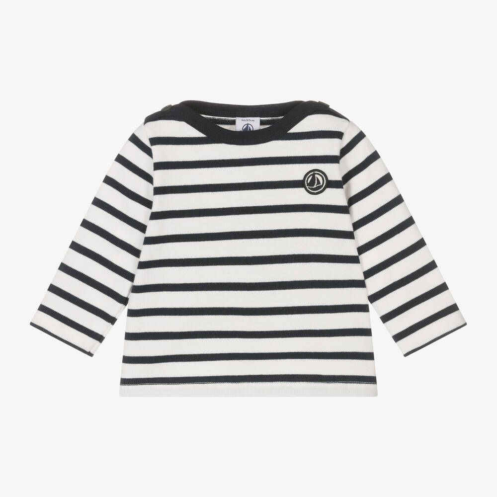 Petit Bateau - Boys White & Blue Stripe Cotton Top | Childrensalon