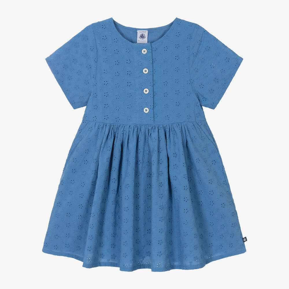 Petit Bateau - Girls Blue Broderie Anglaise Dress | Childrensalon