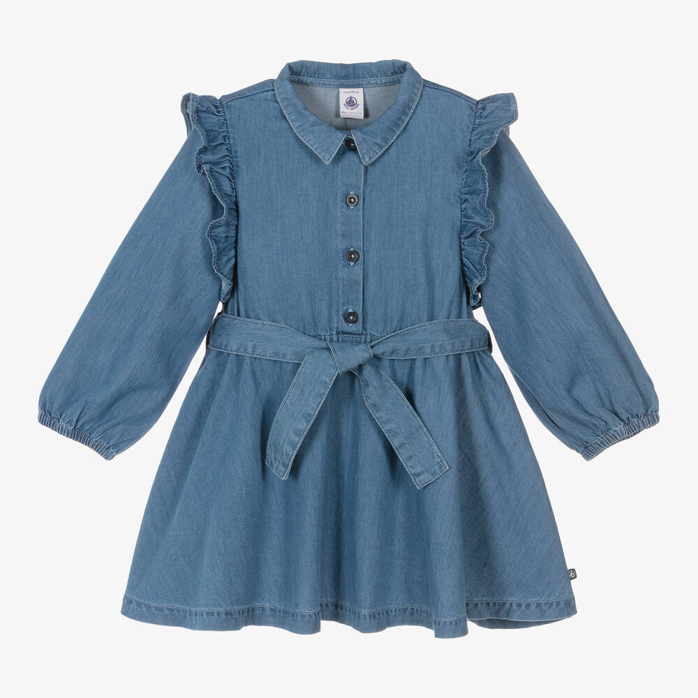 Petit Bateau - Girls Blue Denim Belted Dress | Childrensalon