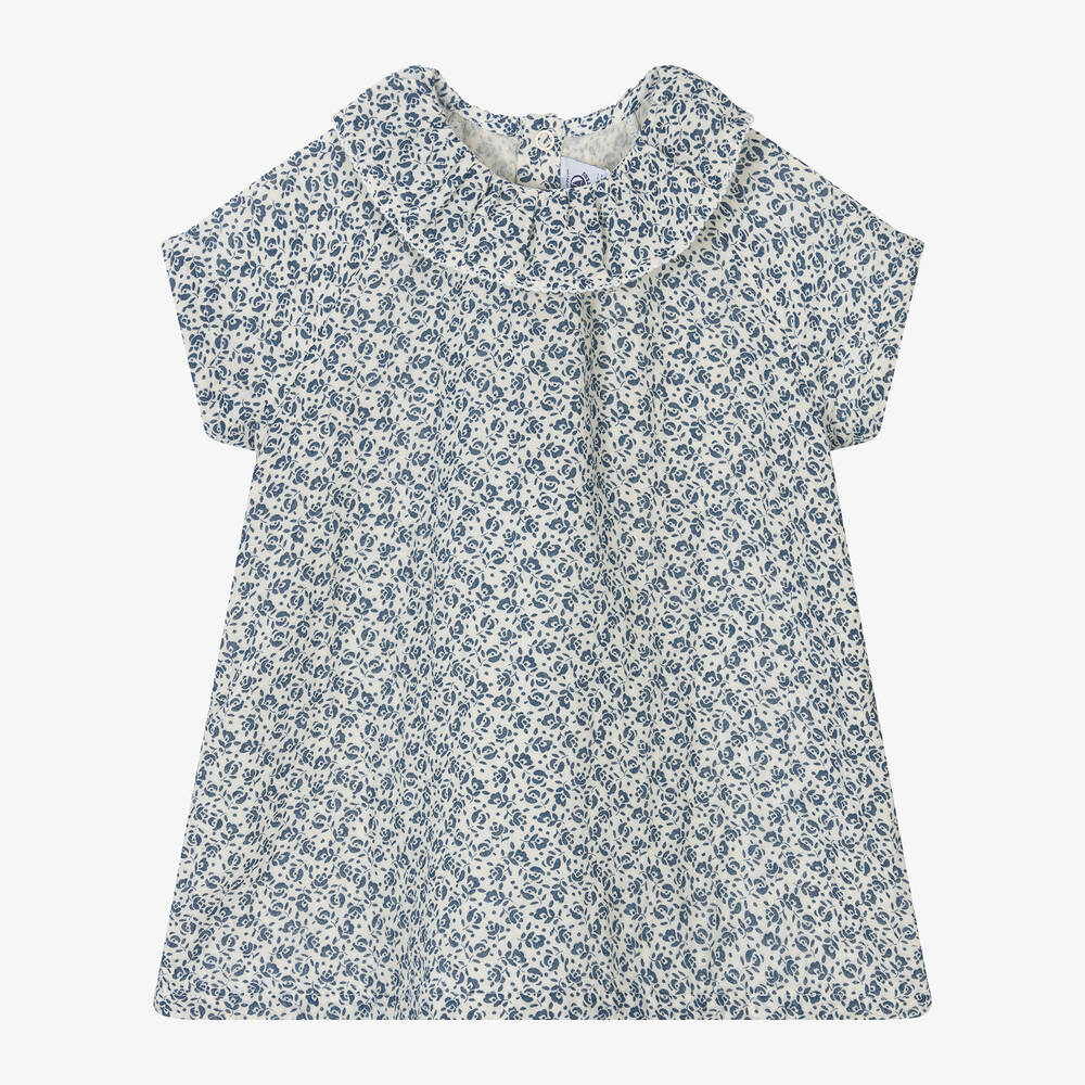 Petit Bateau - Girls Blue Floral Organic Cotton Dress | Childrensalon