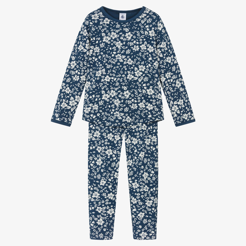 Petit Bateau - Girls Blue Floral Organic Cotton Pyjamas | Childrensalon