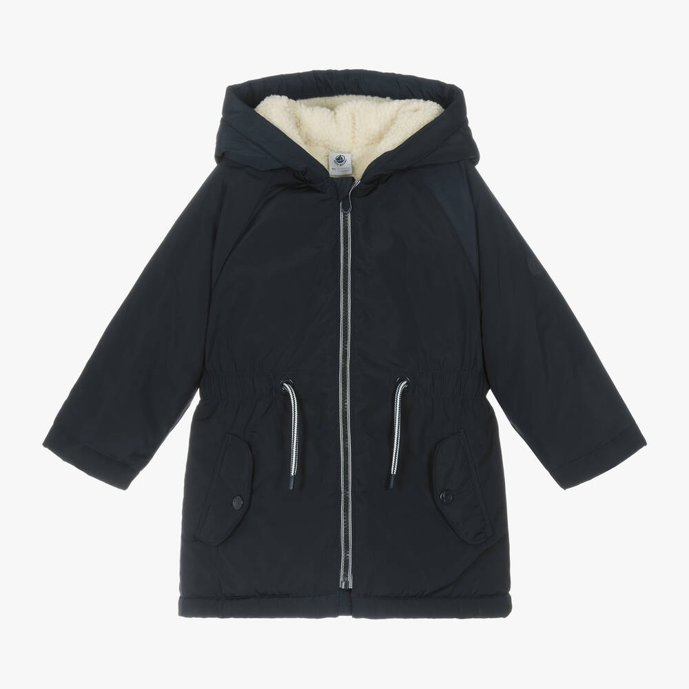 Petit Bateau - Girls Blue Hooded Parker Coat | Childrensalon