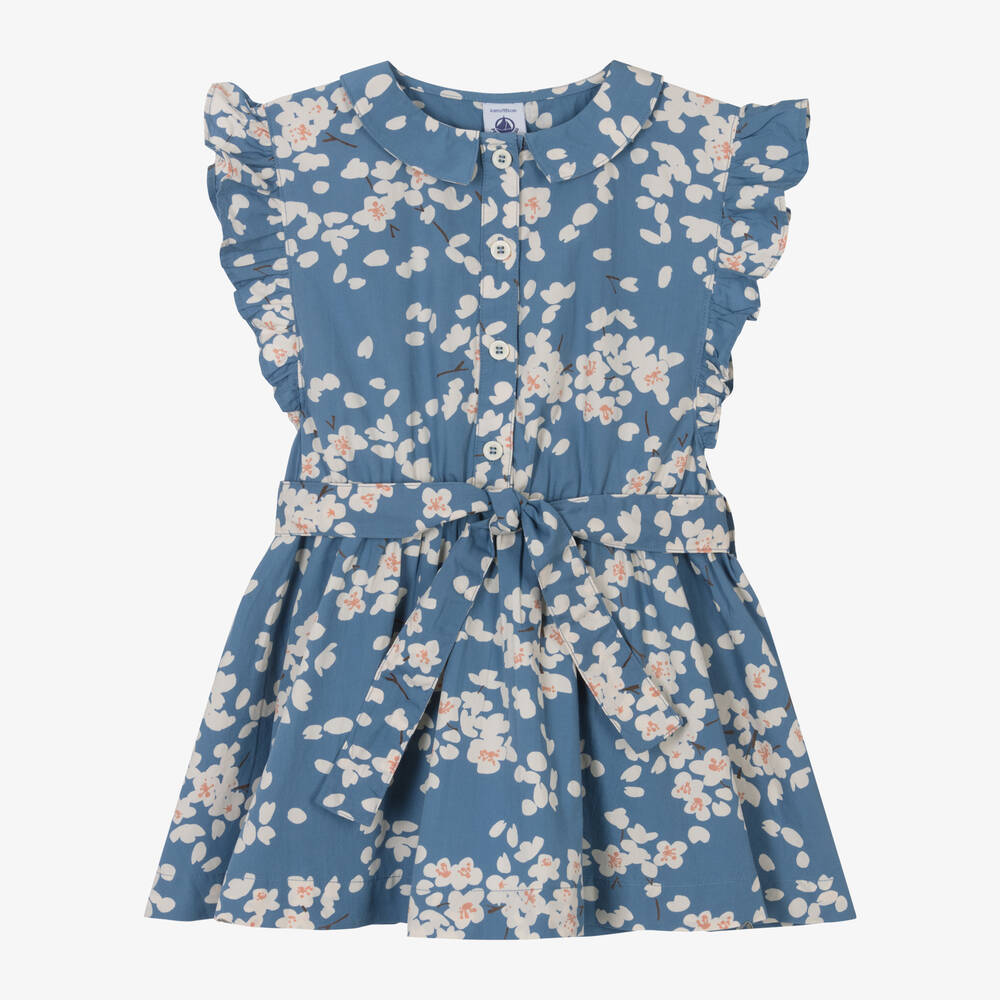 Petit Bateau Babies' Girls Blue Organic Cotton Floral Dress