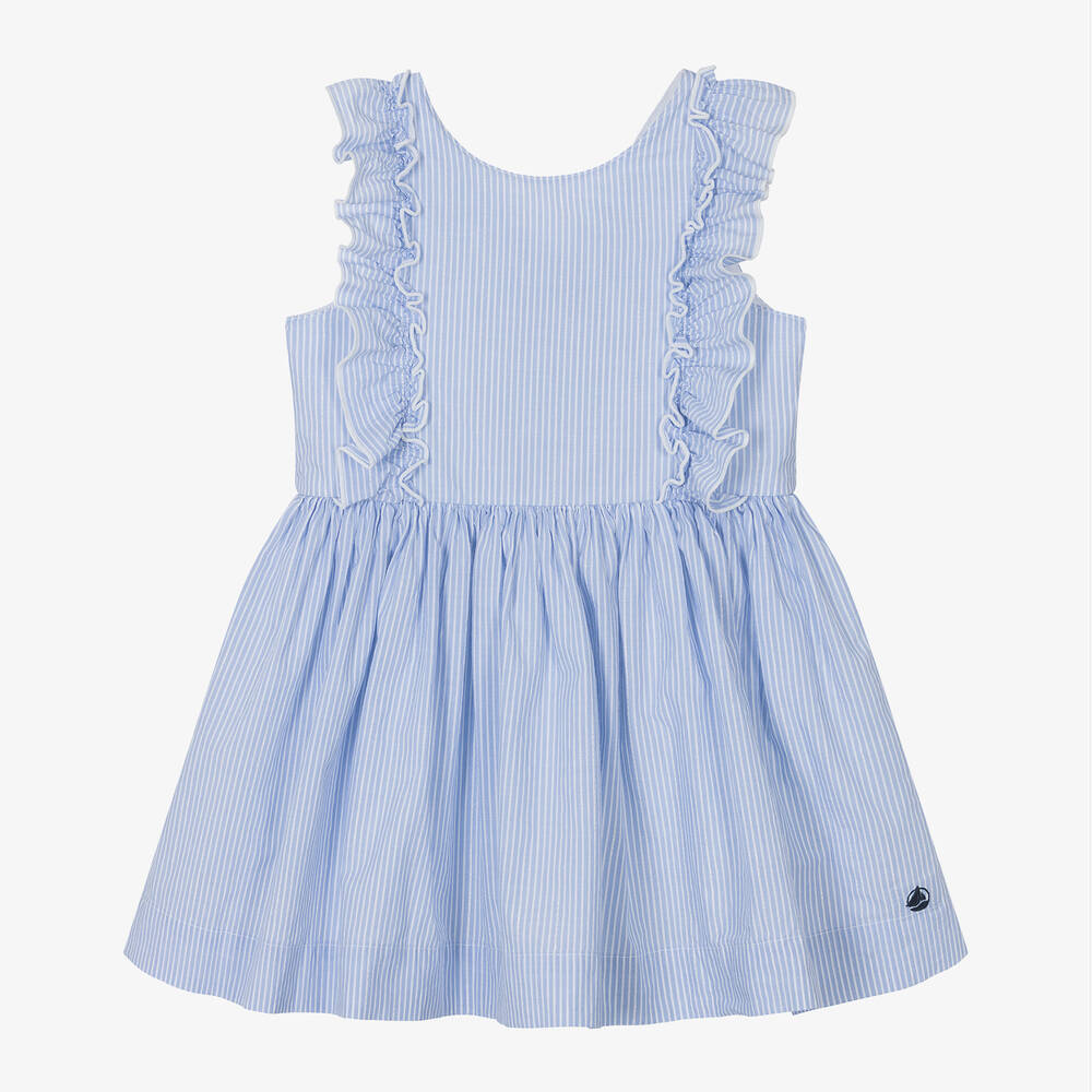 Petit Bateau Kids' Girls Blue Striped Organic Cotton Dress