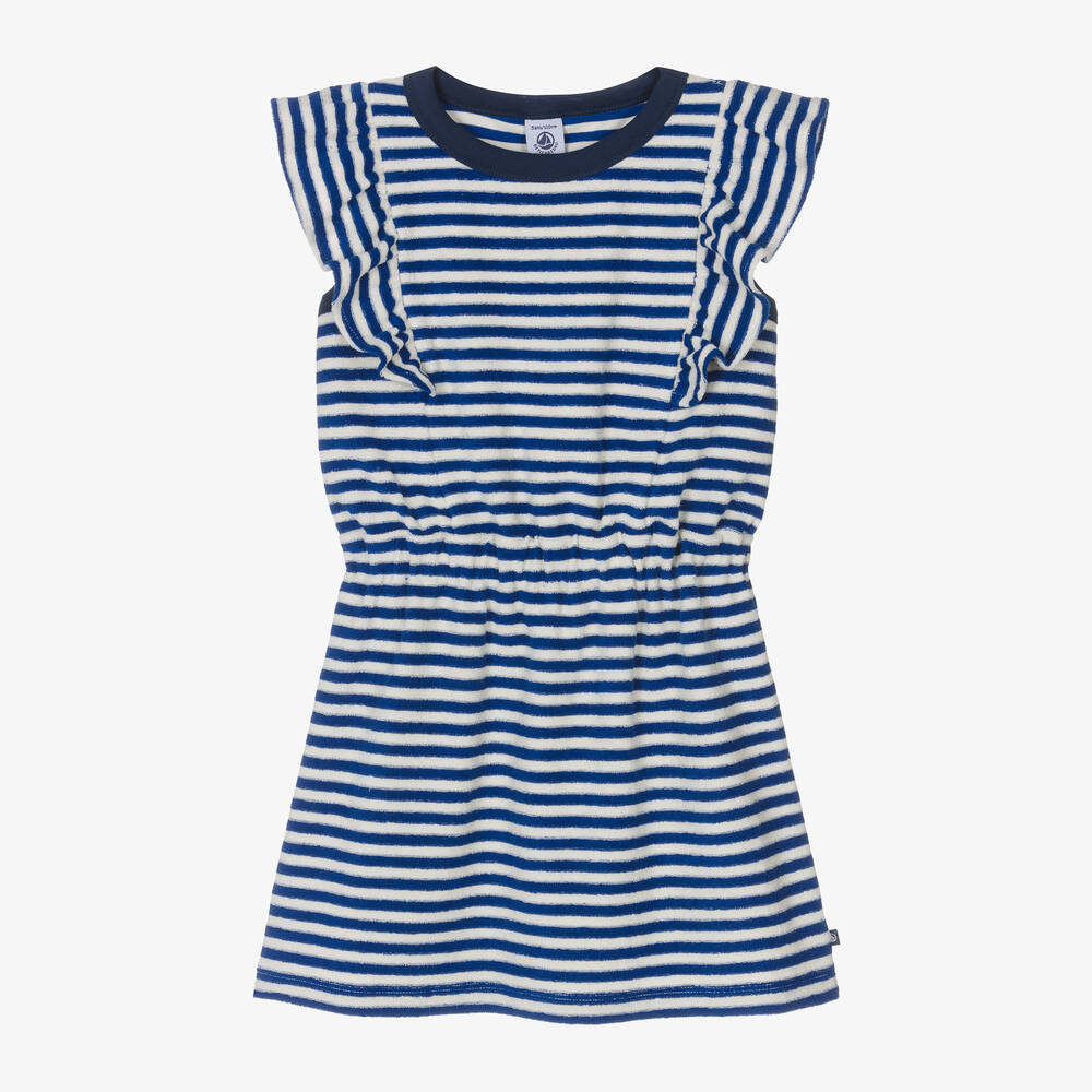 Shop Petit Bateau Girls Blue Striped Towelling Dress