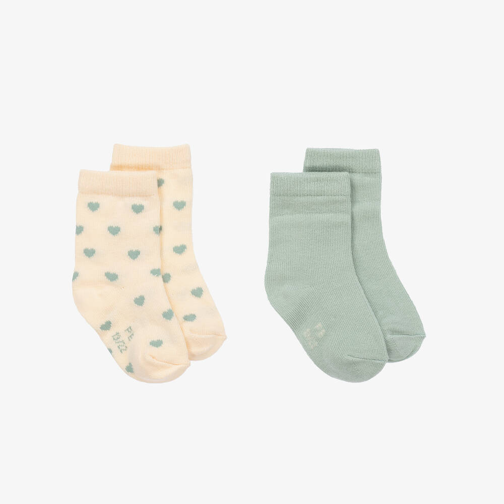 Petit Bateau - Girls Green & Ivory Heart Socks (2 Pack) | Childrensalon
