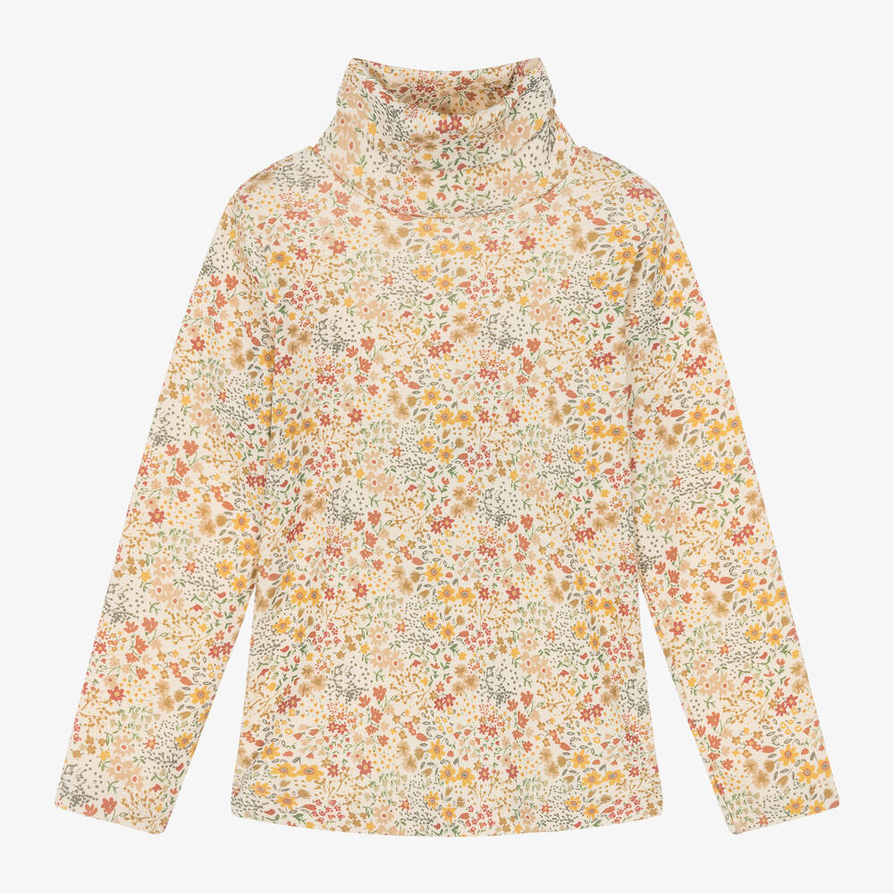 Petit Bateau - Girls Ivory Cotton Floral Roll Neck Top | Childrensalon