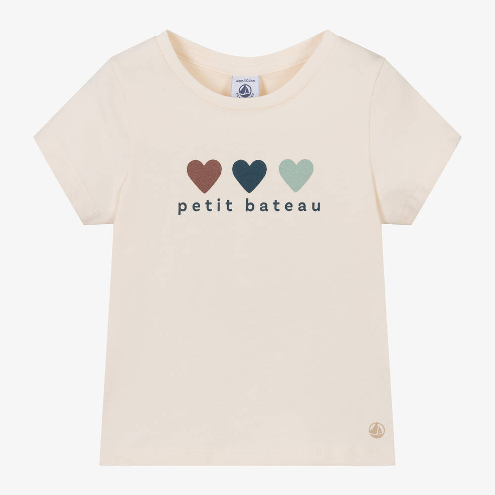 Petit Bateau - Girls Ivory Cotton Hearts T-Shirt | Childrensalon
