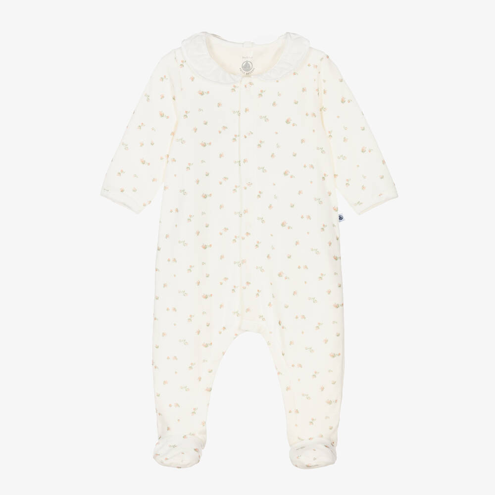 Petit Bateau - Girls Ivory Floral Cotton Velour Babygrow | Childrensalon