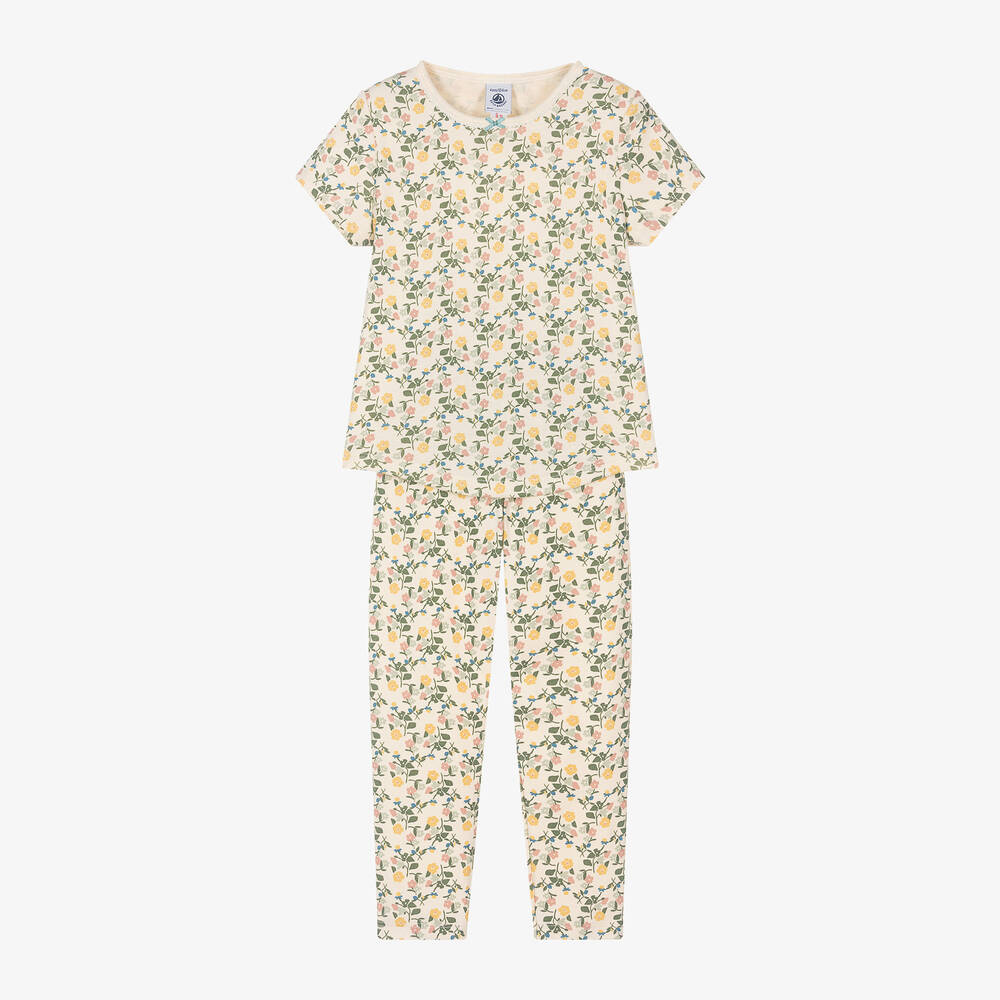 Petit Bateau - Girls Ivory Floral Organic Cotton Pyjamas | Childrensalon