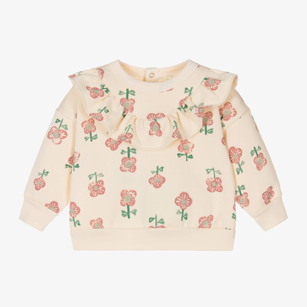 Petit Bateau - Girls Ivory Floral Print Cotton Sweatshirt | Childrensalon