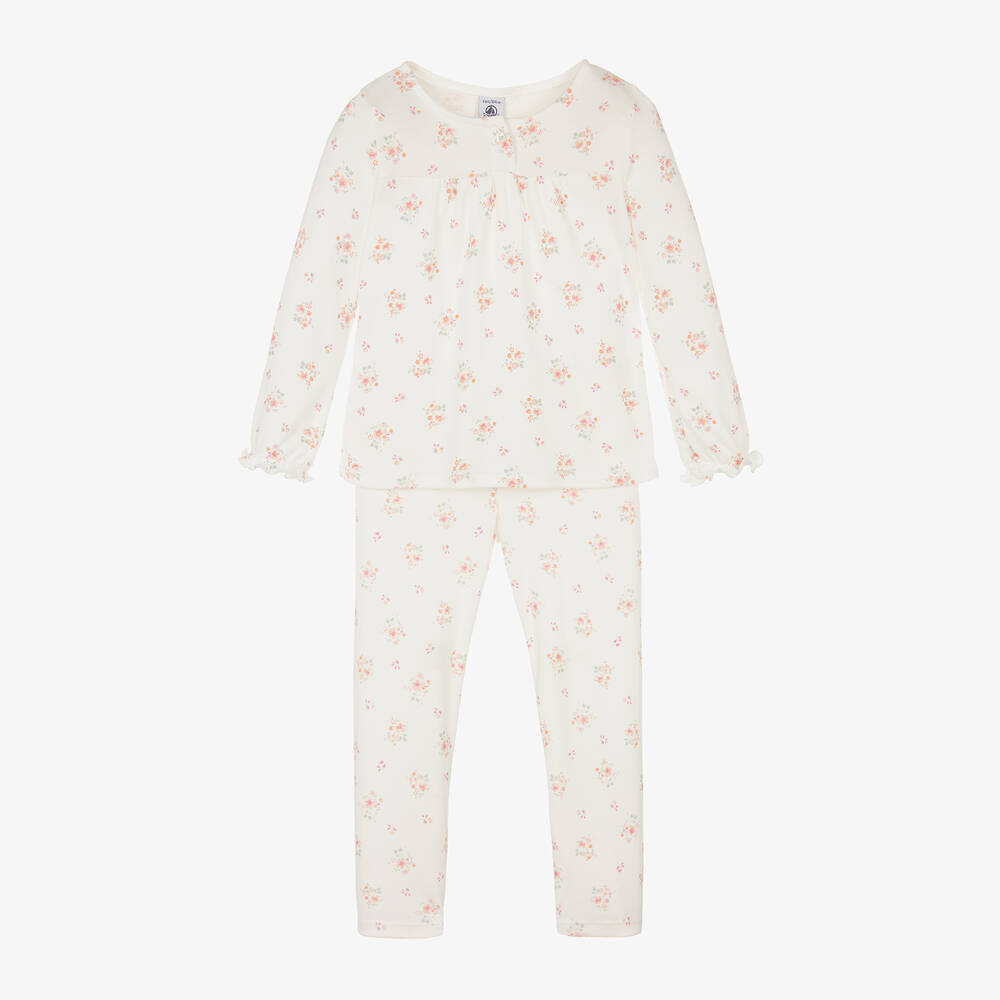 Petit Bateau - Girls Ivory Organic Cotton Floral Pyjamas | Childrensalon