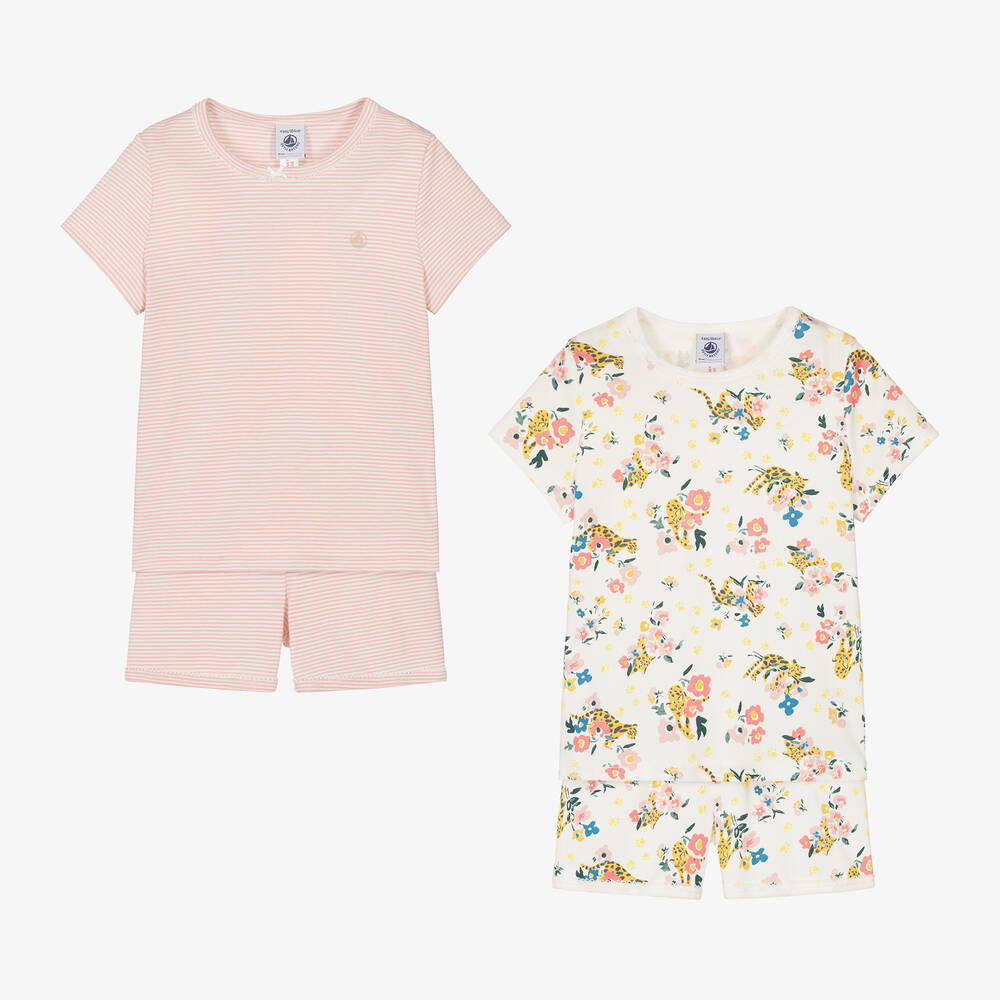 Petit Bateau - Girls Ivory & Pink Cotton Pyjamas (2 Pack) | Childrensalon