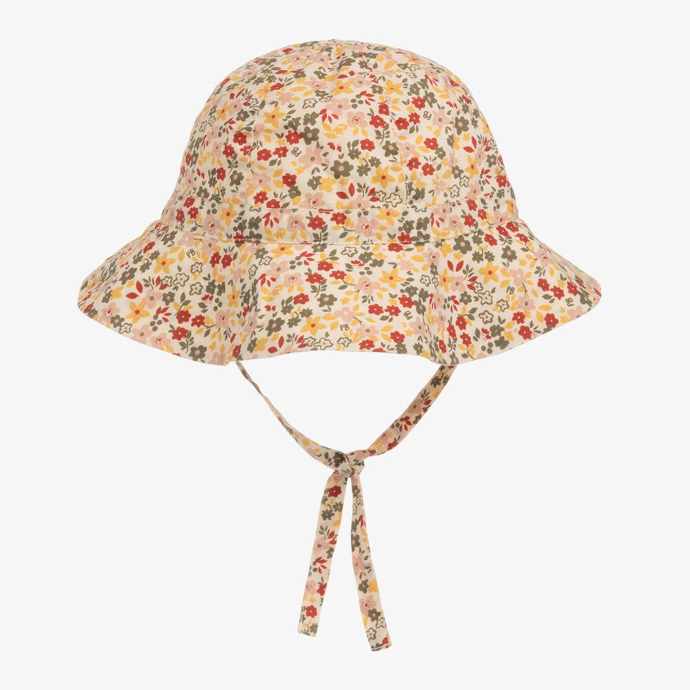 Petit Bateau Babies' Girls Ivory & Pink Floral Cotton Sun Hat
