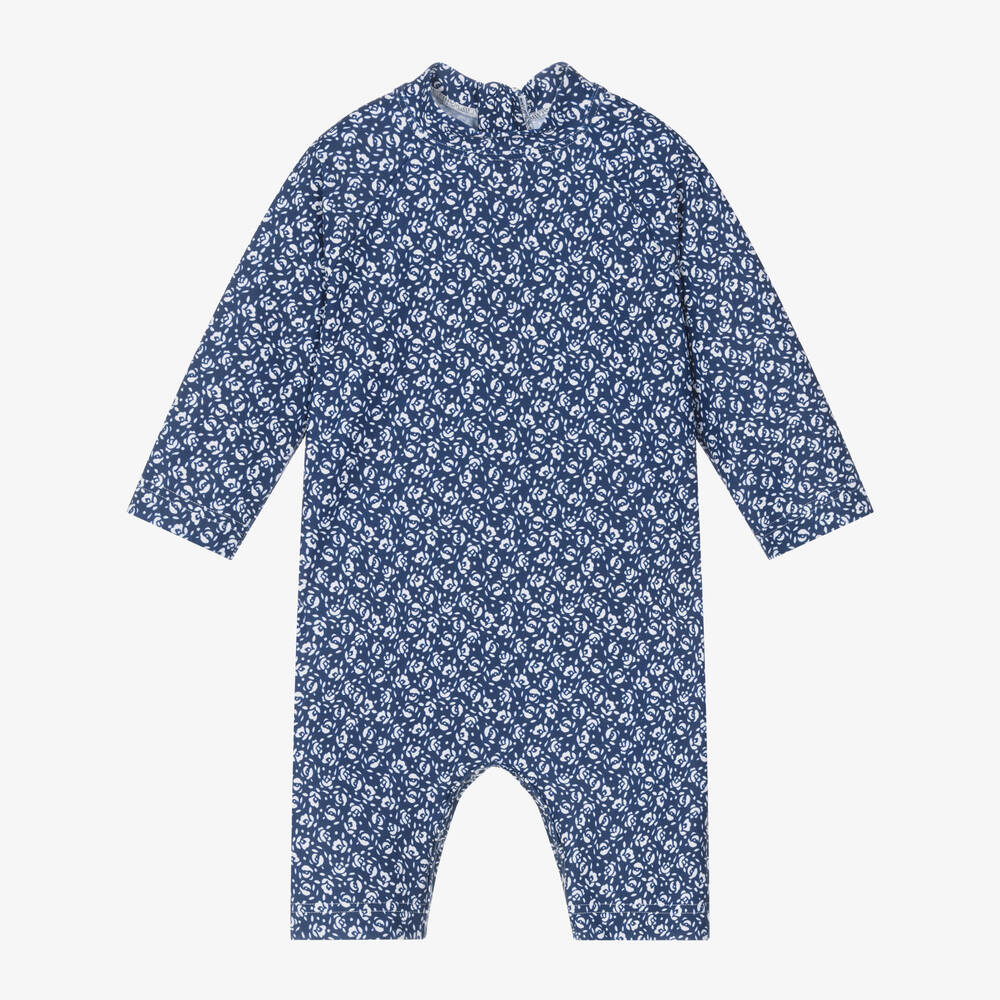 Petit Bateau - Girls Navy Blue Floral Print Sun Suit (UV50+) | Childrensalon