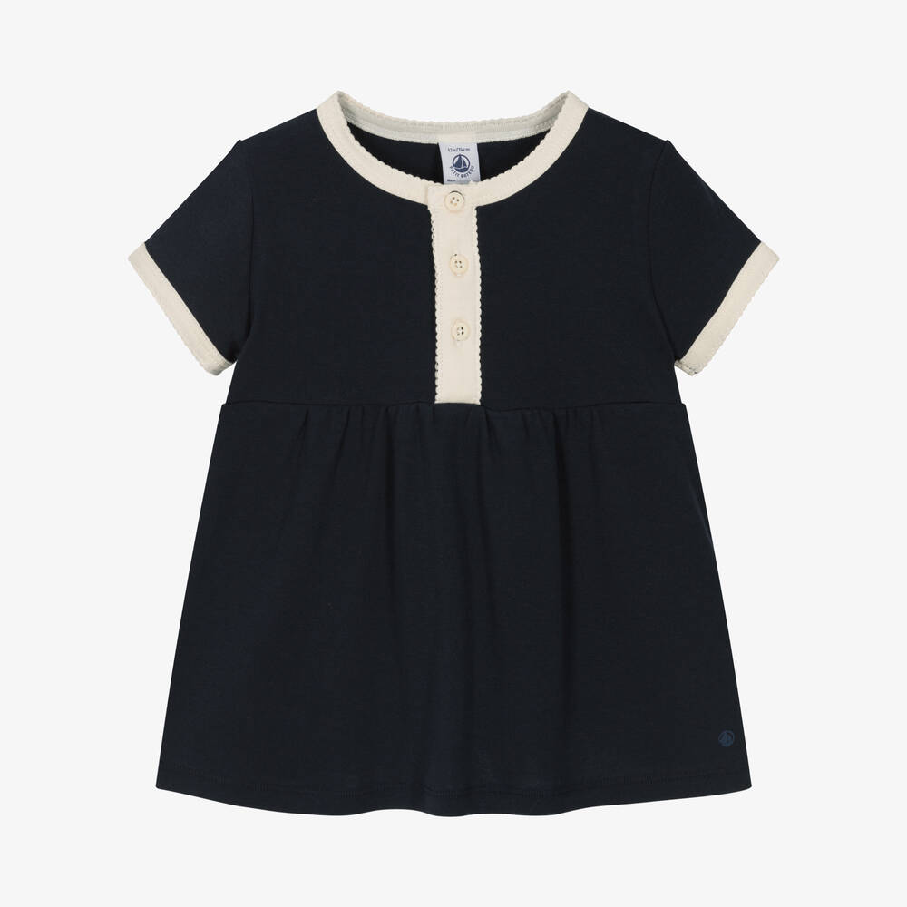 Petit Bateau - Girls Navy Blue Organic Cotton Dress | Childrensalon