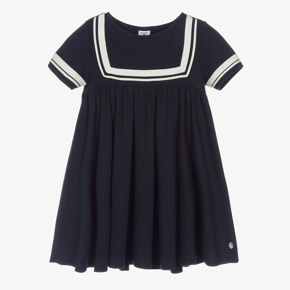 Petit Bateau - Girls Navy Blue Organic Cotton Sailor Dress | Childrensalon