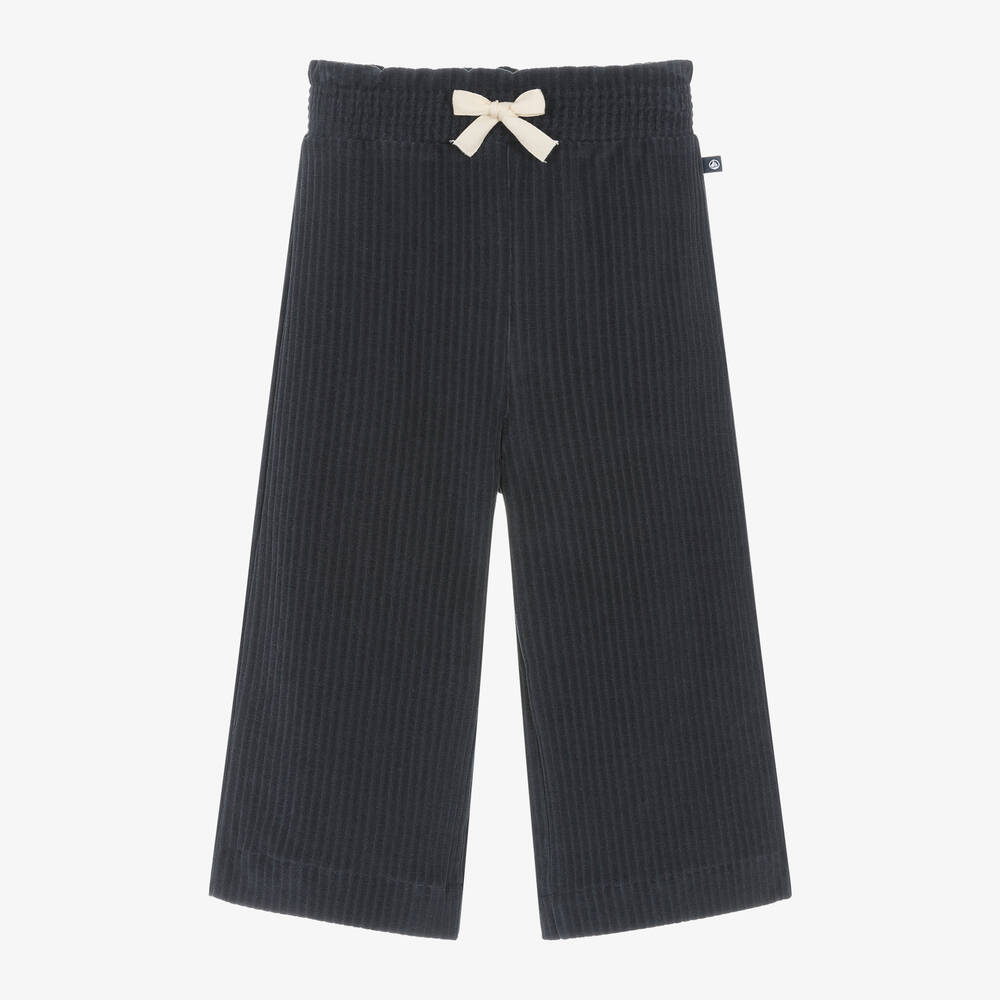 Petit Bateau - Girls Navy Blue Wide Leg Cotton Trousers | Childrensalon