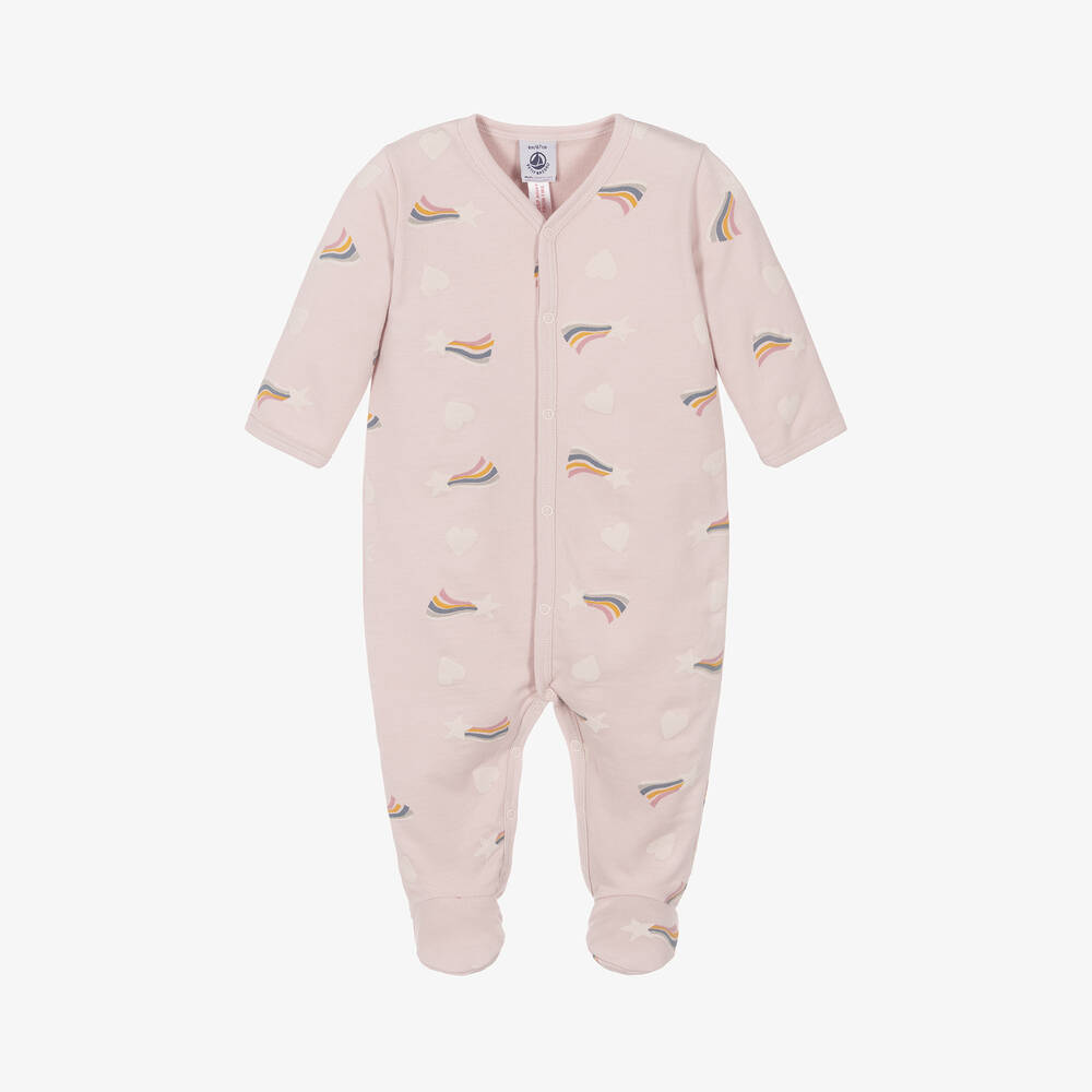 Petit Bateau - Girls Pink Cotton Star & Heart Babygrow | Childrensalon