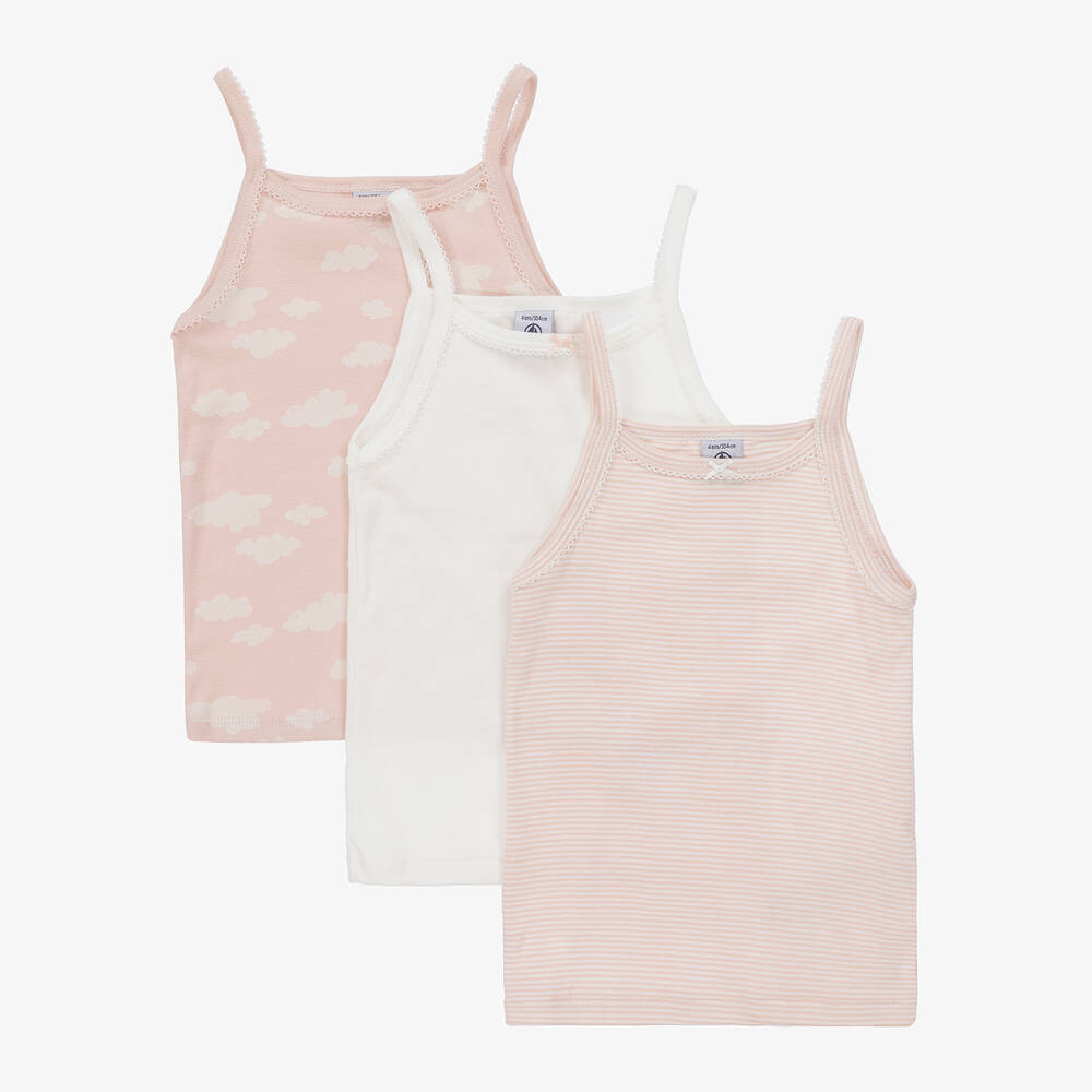 Petit Bateau - Girls Pink Cotton Vest Tops (3 Pack) | Childrensalon