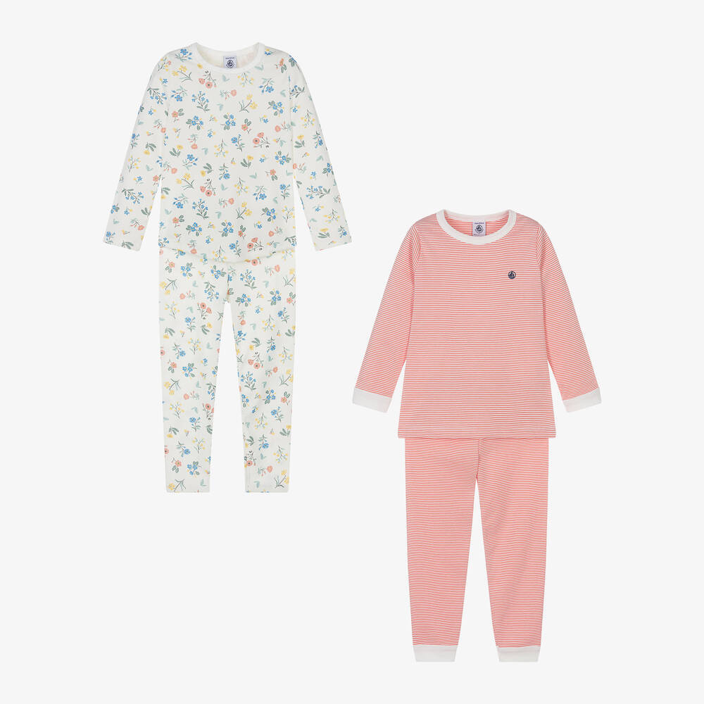 Petit Bateau - Girls Pink & Ivory Cotton Pyjamas (2 Pack) | Childrensalon