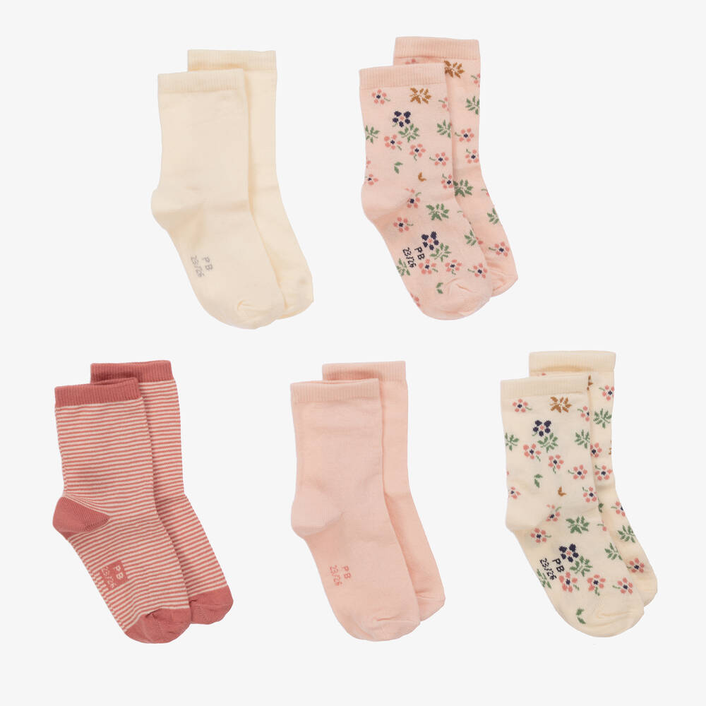 Petit Bateau - Girls Pink & Ivory Cotton Socks (5 Pack) | Childrensalon