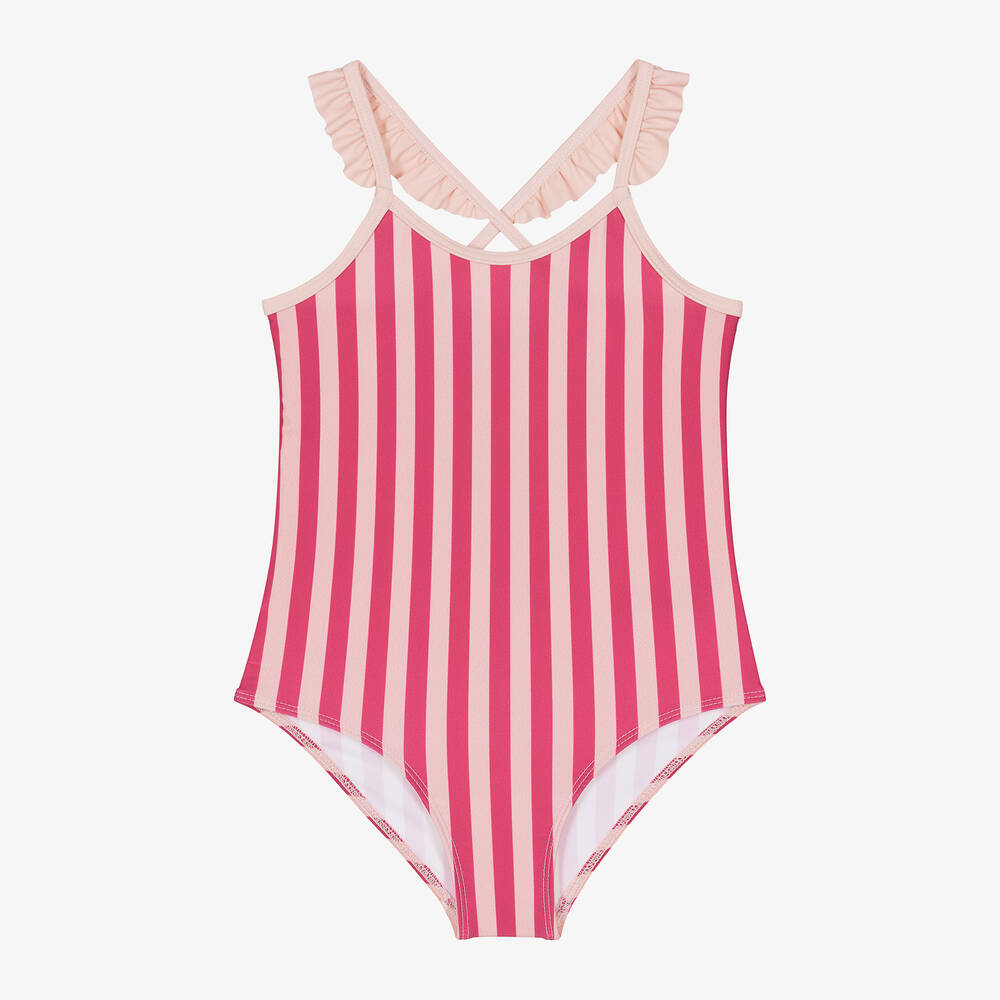 Shop Petit Bateau Girls Pink Striped Swimsuit