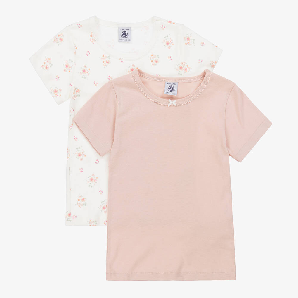 Petit Bateau - Розовая и белая футболка из органического хлопка для девочек (2шт.) | Childrensalon