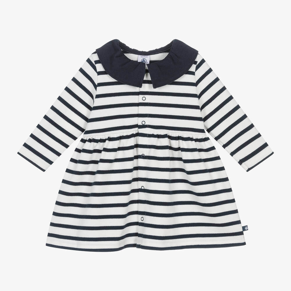 Petit Bateau - Girls White & Blue Breton Stripe Dress | Childrensalon