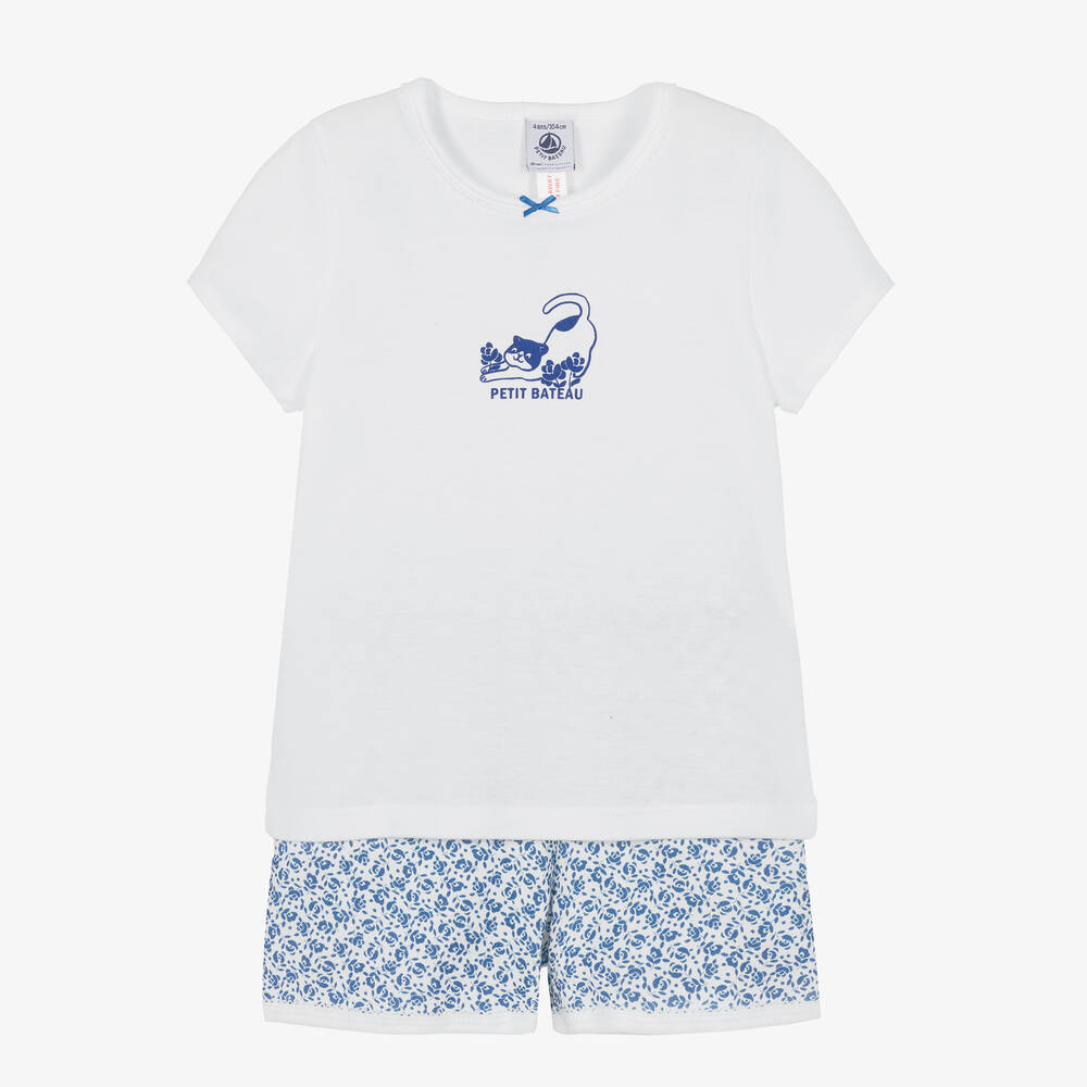 Petit Bateau Kids' Girls White & Blue Cotton Cat Pyjamas