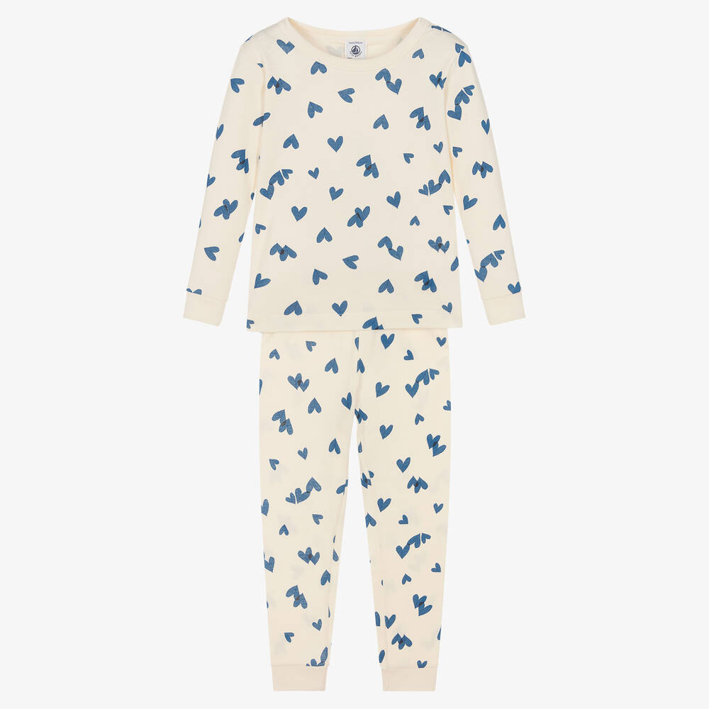 Petit Bateau - Herzchen-Schlafanzug Elfenbein/Blau | Childrensalon