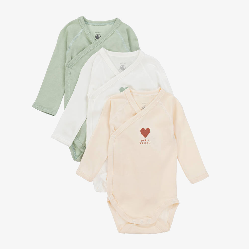 Petit Bateau - Ivory & Green Cotton Baby Bodysuits (3 Pack) | Childrensalon