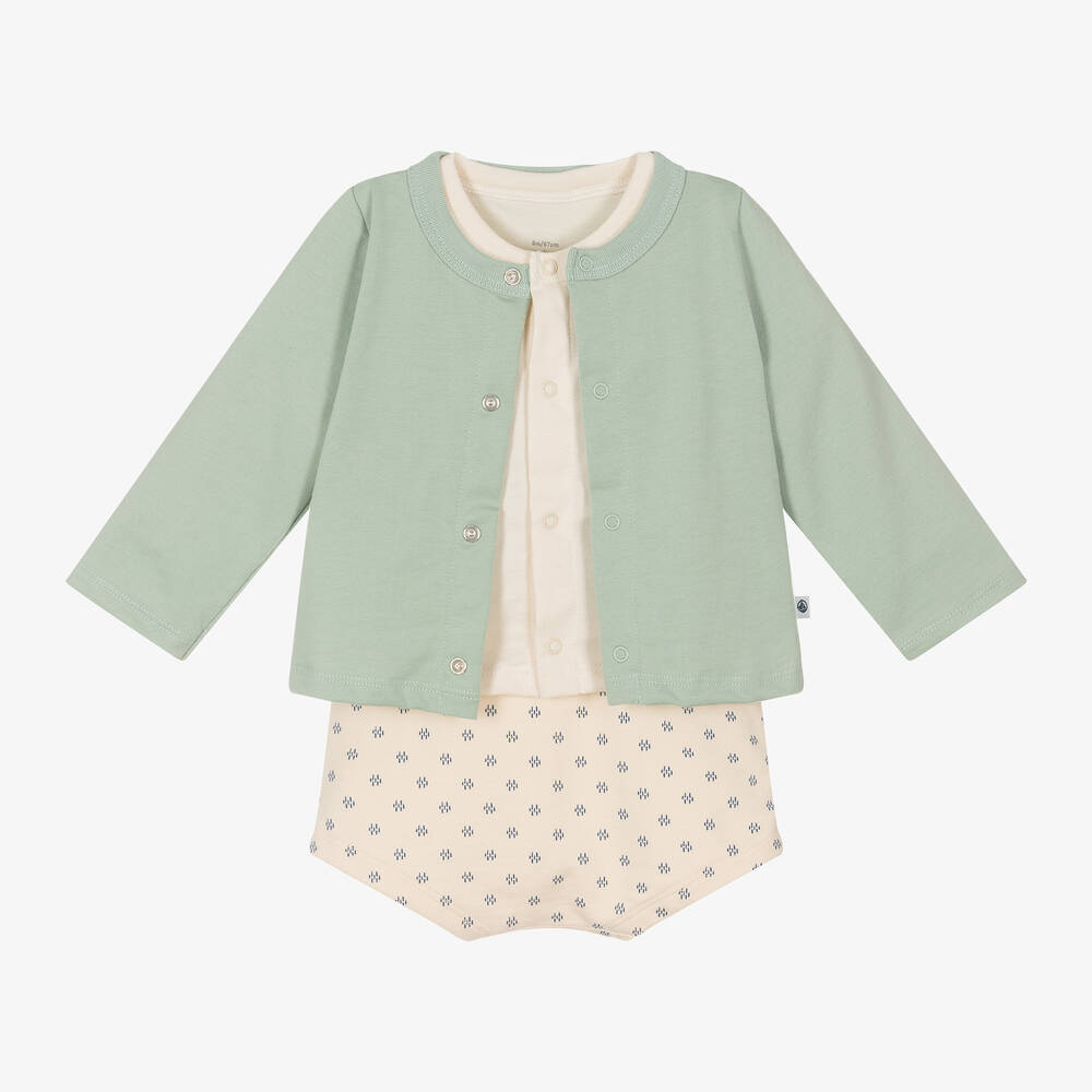 Petit Bateau - Ivory & Green Cotton Baby Shorts Set | Childrensalon