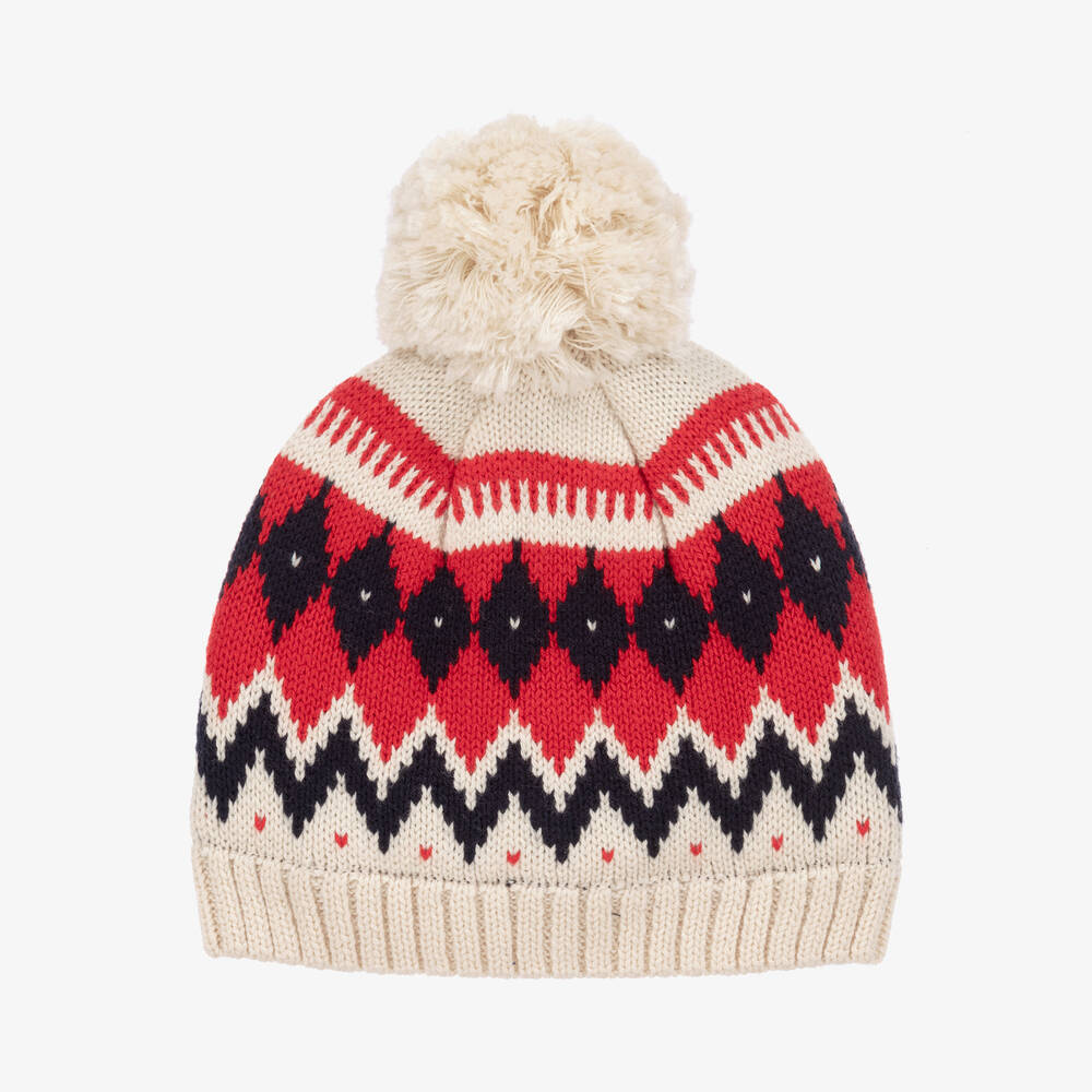 Petit Bateau - Ivory & Red Fair Isle Pom-Pom Baby Hat | Childrensalon