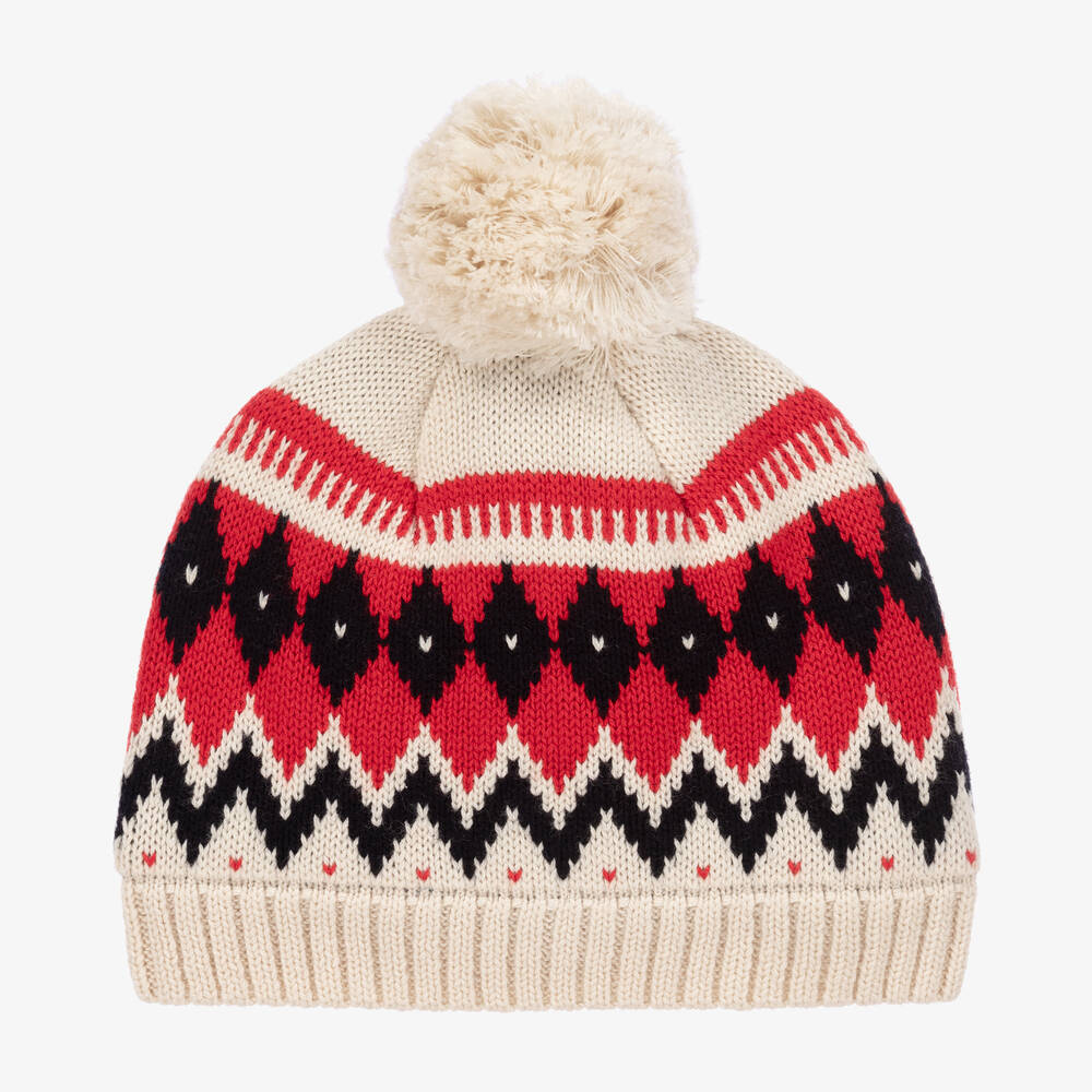 Petit Bateau - Ivory & Red Fair Isle Pom-Pom Hat | Childrensalon