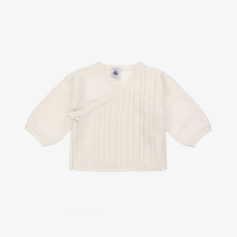Petit Bateau - Ivory Wool & Cotton Knit Baby Cardigan | Childrensalon
