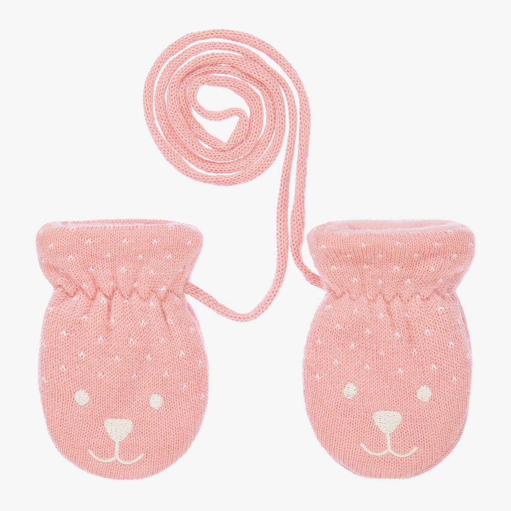 Petit Bateau Girls Pink Bear Wool Baby Mittens