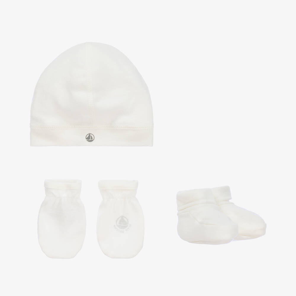 Petit Bateau - White Cotton Baby Hat & Booties Set | Childrensalon