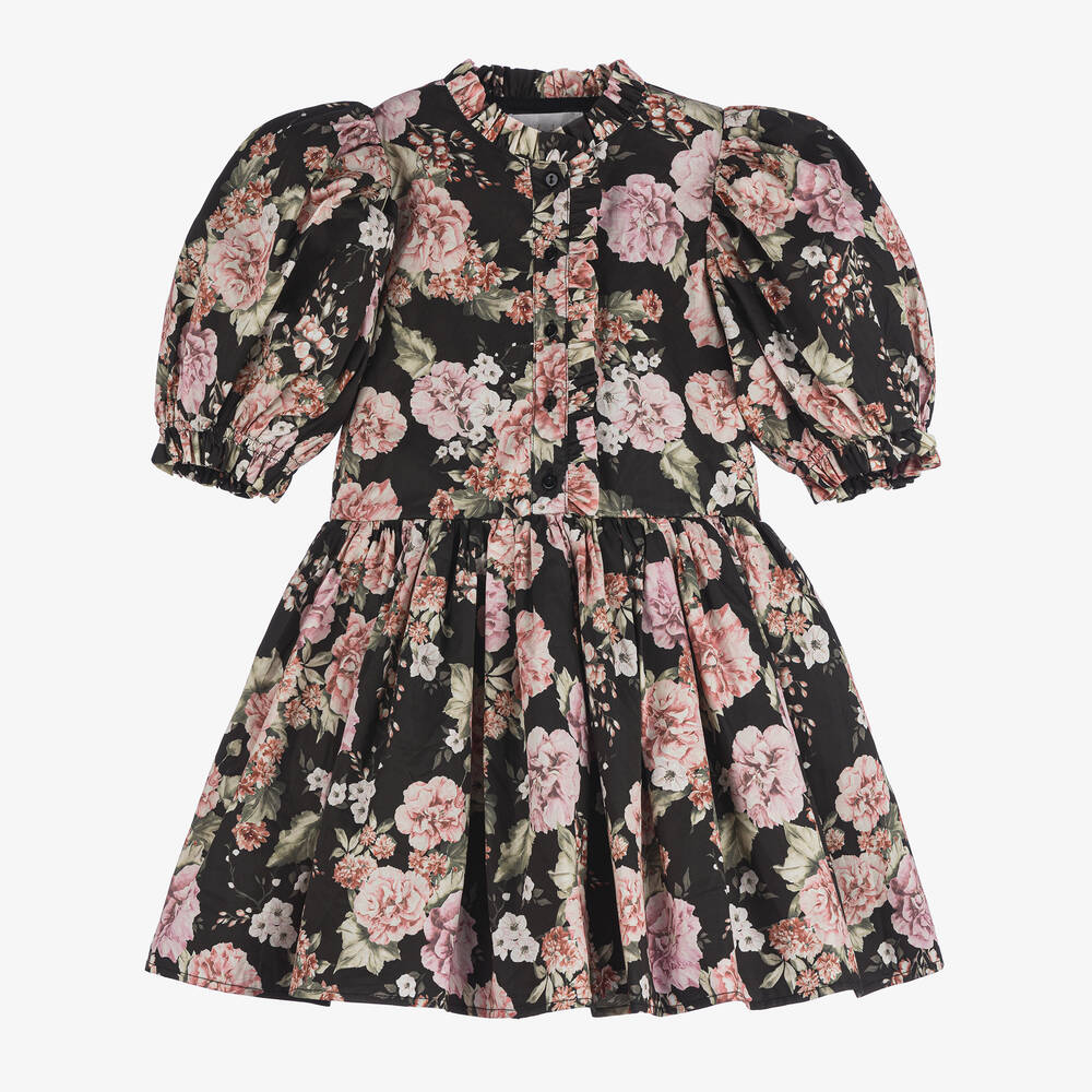 Petite Amalie - Girls Black Floral Puffed Sleeve Dress | Childrensalon