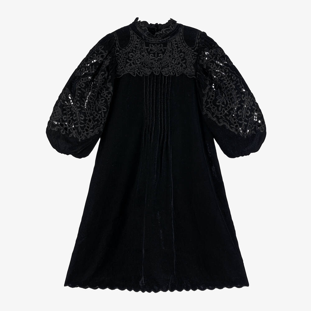 Petite Amalie - Girls Black Velvet Puffed Sleeve Dress | Childrensalon