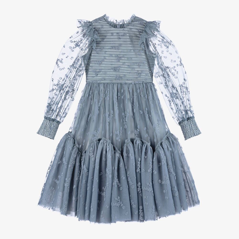 Petite Amalie - Girls Blue Tulle Floral Dress | Childrensalon