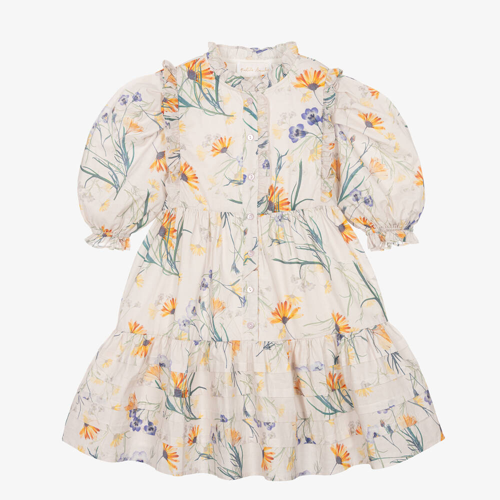 Petite Amalie - Girls Ivory Floral Cotton Dress | Childrensalon
