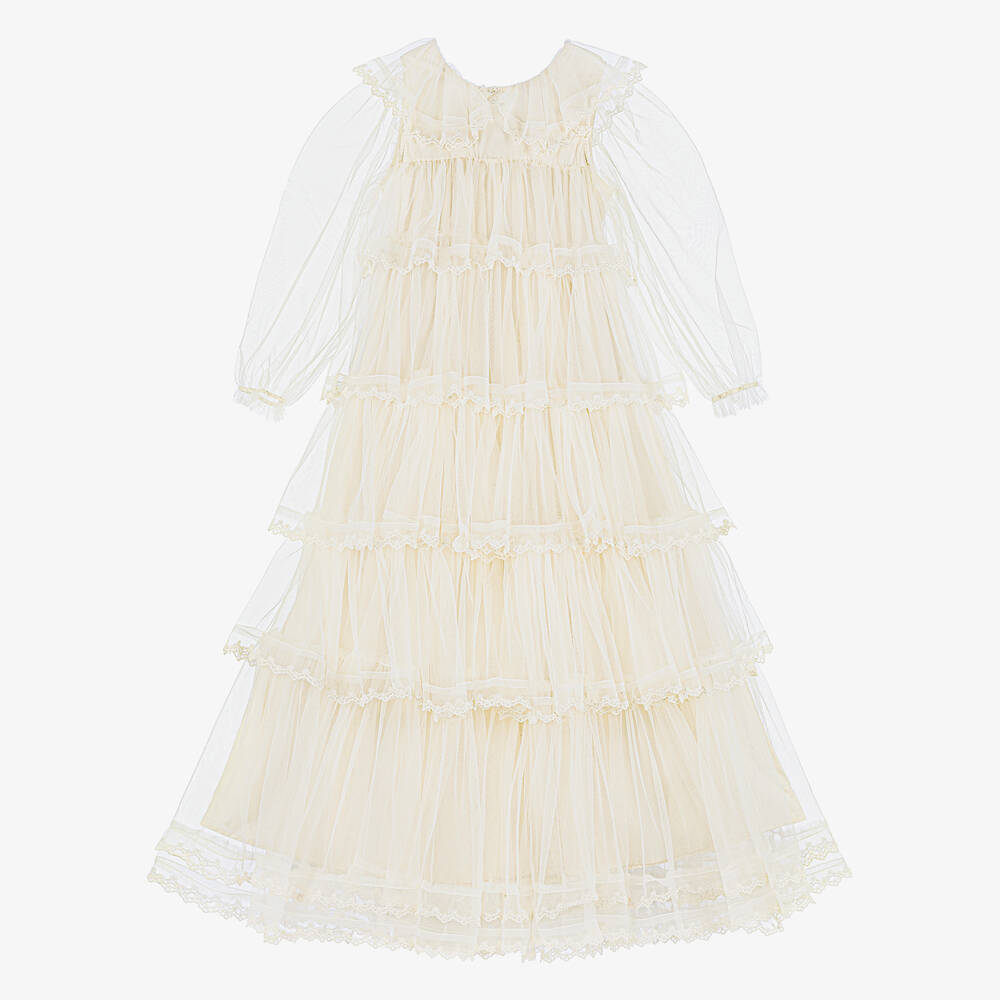 Petite Amalie - Girls Long Ivory Embroidered Tulle Dress | Childrensalon